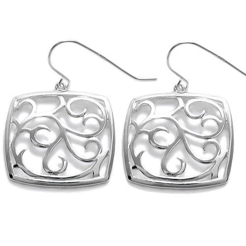 Lovely fern frond filigree bulging square hanging earrings | Wholesale 925 Sterling Silver Jewelry | Item Photo