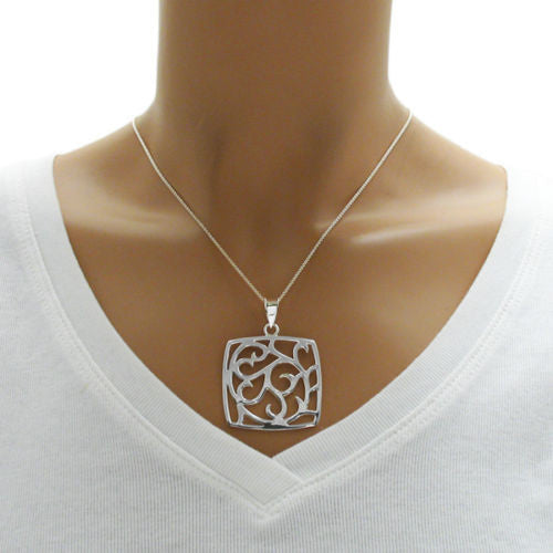 Lovely fern frond filigree bulging square pendant | Wholesale 925 Sterling Silver Jewelry | Alternate photo