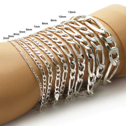 Amazing Figaro Link Chain 7" Bracelet - Different Widths | Wholesale 925 Sterling Silver Jewelry | Main