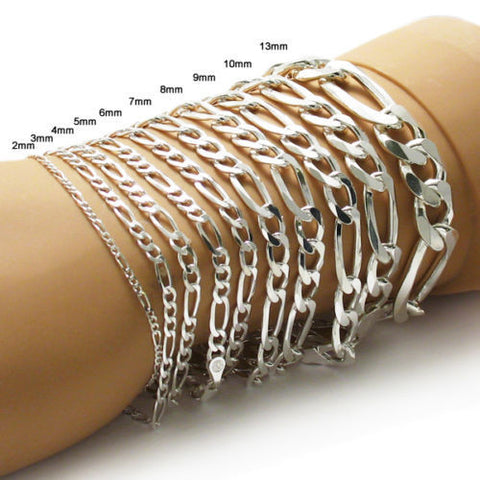 Amazing Figaro Link Chain 7" Bracelet - Different Widths | Wholesale 925 Sterling Silver Jewelry | Main