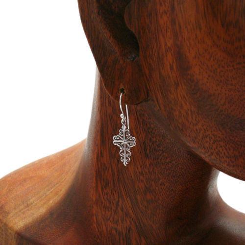 Antique style filigree hanging cross hook earrings | Wholesale 925 Sterling Silver Jewelry | Alternate photo
