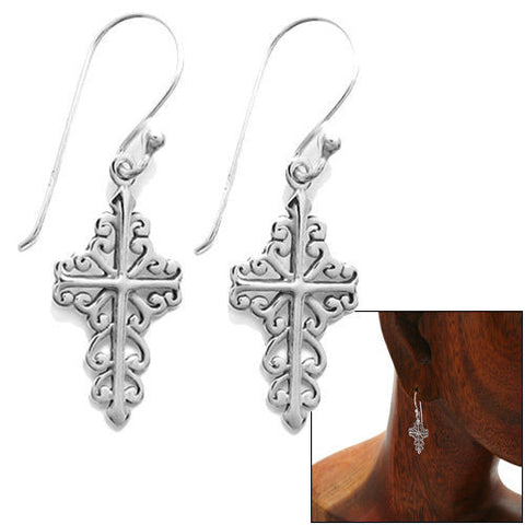 Antique style filigree hanging cross hook earrings | Wholesale 925 Sterling Silver Jewelry | Combo photo