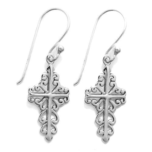 Antique style filigree hanging cross hook earrings | Wholesale 925 Sterling Silver Jewelry | Item photo
