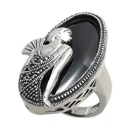 Flapper with fan in black onyx and silver | 35mm | Wholesale sterling silver rings | Alternate photo.