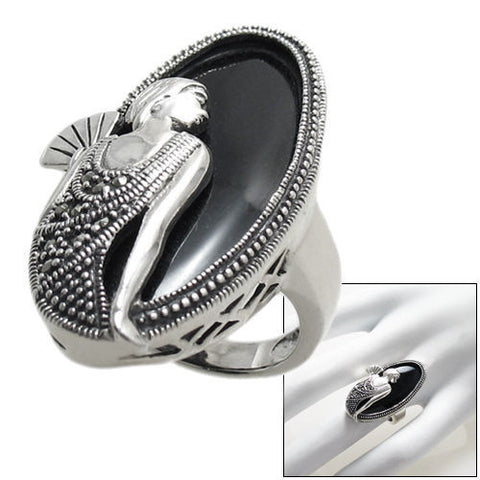 Flapper with fan in black onyx and silver | 35mm | Wholesale sterling silver rings | Combo photo.