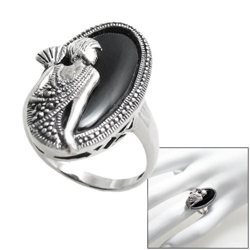 Flapper by the sea with fan in black onyx & silver. Wholesale sterling silver rings. Main