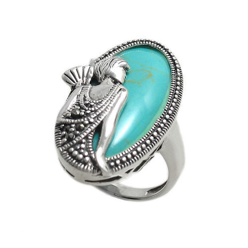 Flapper with fan in turquoise and silver. Wholesale sterling silver rings. Alternate photo.