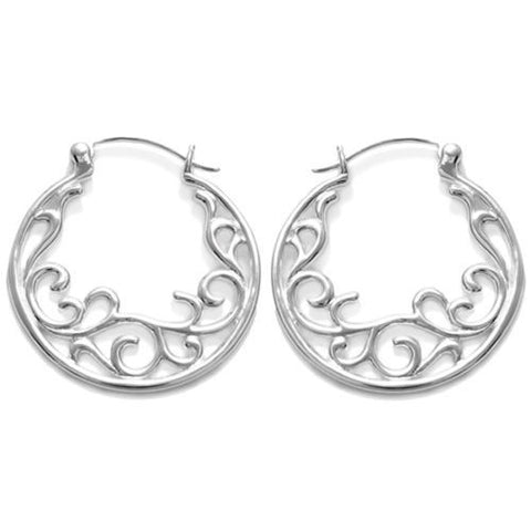 Classic floral filigree embellished hoop earrings | Wholesale 925 Sterling Silver Jewelry | Item photo