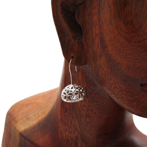 Dome with floral pattern hanging hook earrings | Wholesale 925 Sterling Silver Jewelry | Alternate photo