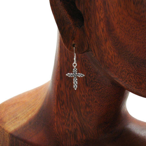 Flower and leaves hanging cross earrings | Wholesale 925 Sterling Silver Jewelry | Alternate photo