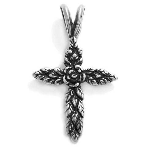 Exquisite flower and leaves cross pendant| Wholesale 925 Sterling Silver Jewelry | Item photo