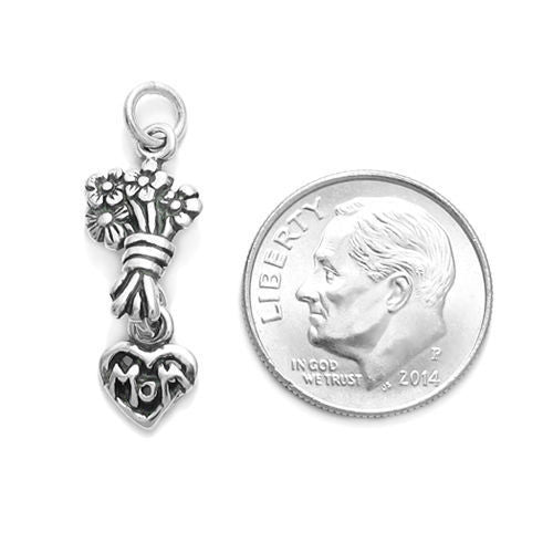 Gorgeous Flower Bouquet and Heart "Mom" Charm. Wholesale Sterling Silver Charms - Jewelry. Alternate