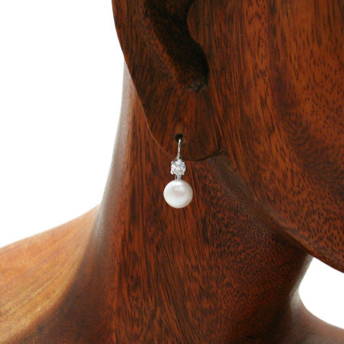 Classic Sterling Silver Freshwater Pearl & CZ Latch Back Earrings.