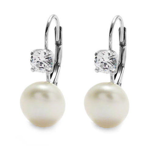 Classic Sterling Silver Freshwater Pearl & CZ Latch Back Earrings.