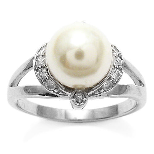 Luminous freshwater pearl on brilliant CZ accented setting | Wholesale sterling silver rings - Jewelry | Front view