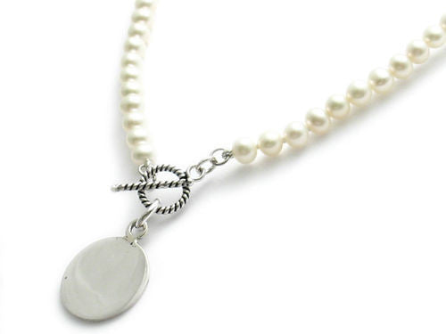 Freshwater pearl necklace with engravable circle and toggle lock | 3 Lengths | Wholesale 925 Sterling Silver Jewelry