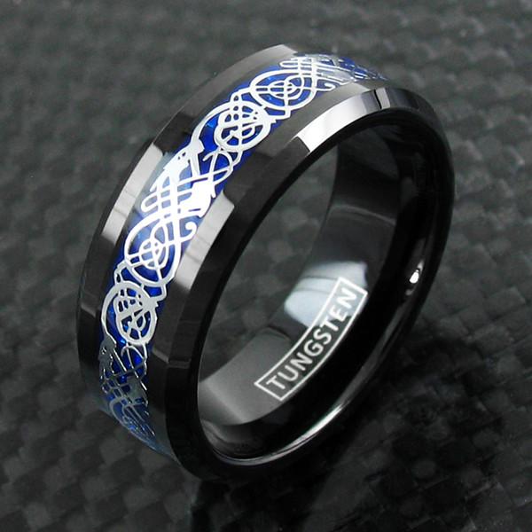 Black tungsten ring w/ Silver Celtic dragon & blue inlay | Wholesale Tungsten Rings - Wedding Bands | Black Background