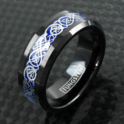 Black tungsten ring w/ Silver Celtic dragon & blue inlay | Wholesale Tungsten Rings - Wedding Bands | Black Background
