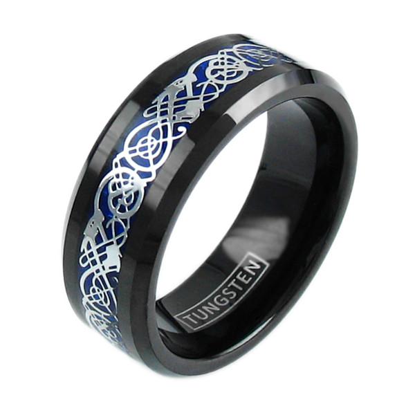 Black tungsten ring w/ Silver Celtic dragon & blue inlay | Wholesale Tungsten Rings - Wedding Bands | WhiteBackground