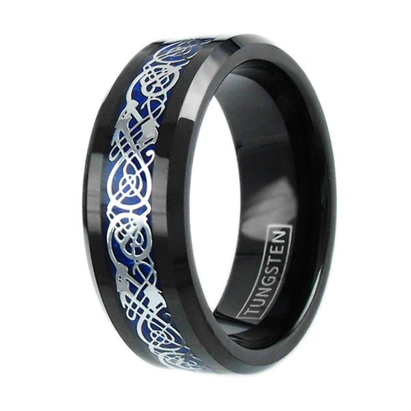 Black tungsten ring w/ Silver Celtic dragon & blue inlay | Wholesale Tungsten Rings - Wedding Bands | Upright White