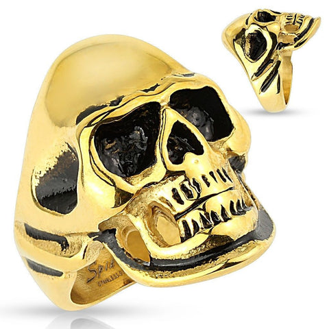 Vivid Stainless Steel Gold and Black Skull Biker Ring