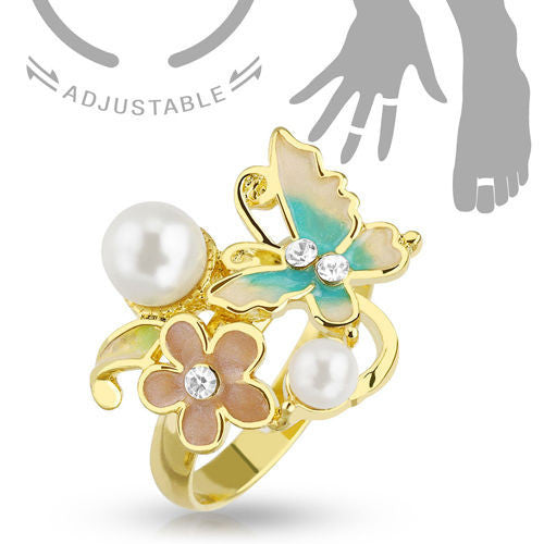 Gold Plated Brass Flower & Butterfly with CZ and Pearl | Wholesale 316L Stainless Steel Jewelry | Main