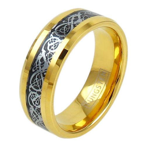Gold tungsten ring | Silver Celtic dragon | Dark black inlay. Wholesale Tungsten Rings - Wedding Bands | Diagonal Photo.