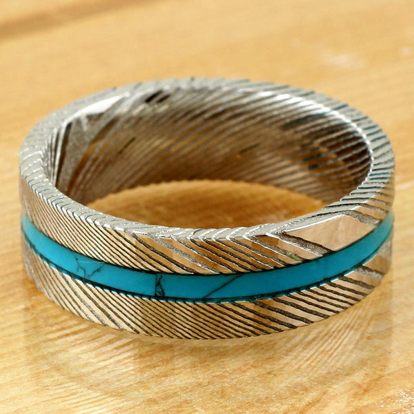 8mm Damascus steel ring w/ turquoise inlay | wholesale Damascus Steel wedding bands & Rings | Flat Wood Photo