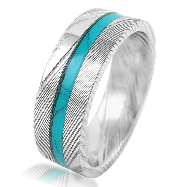 8mm Damascus steel ring w/ turquoise inlay | wholesale Damascus Steel wedding bands & Rings | White photo