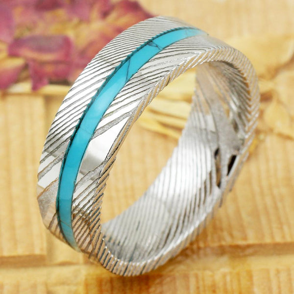8mm Damascus steel ring w/ turquoise inlay | wholesale Damascus Steel wedding bands & Rings | Tilted Wood Photo