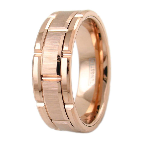 rose gold tungsten carbide ring w/ brushed finished notched center band | Wholesale tungsten rings wedding bands | Angled photo