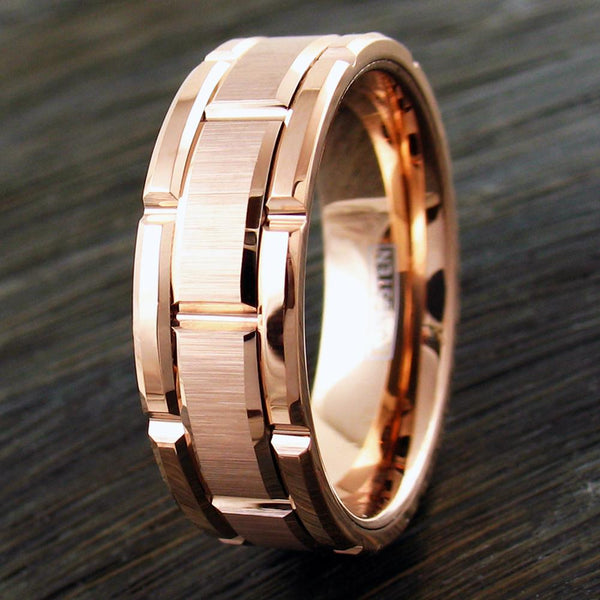 rose gold tungsten carbide ring w/ brushed finished notched center band | Wholesale tungsten rings wedding bands | Wood photo