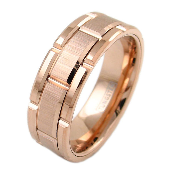 rose gold tungsten carbide ring w/ brushed finished notched center band | Wholesale tungsten rings wedding bands | Upright photo