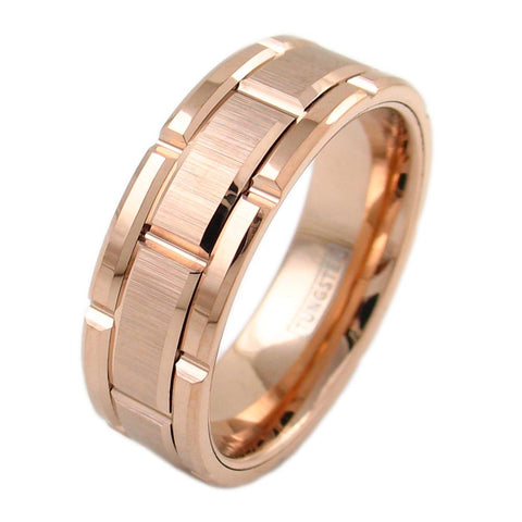 rose gold tungsten carbide ring w/ brushed finished notched center band | Wholesale tungsten rings wedding bands | Upright photo
