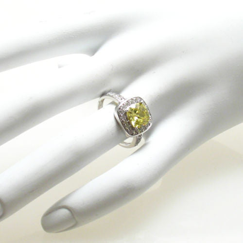 Exquisite Square Cut Peridot Green Colored CZ Cocktail Ring in Sterling Silver.