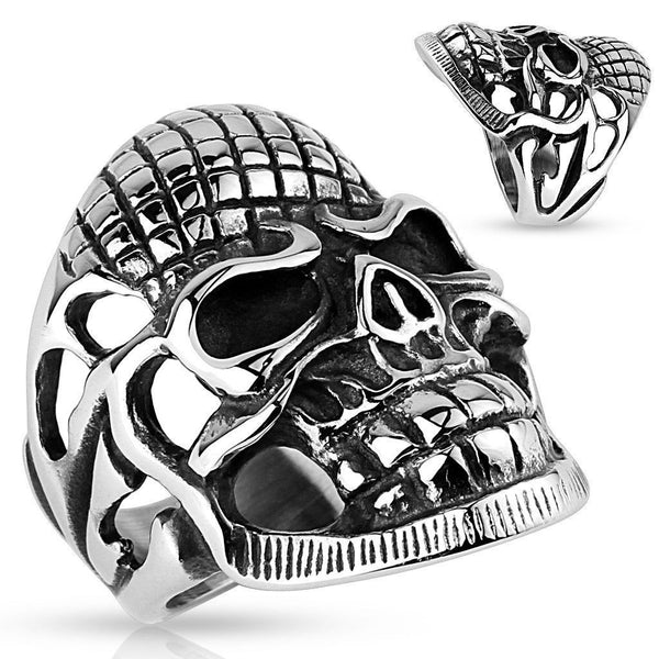 Menacing Grid-line Forehead Skull Biker Ring | Wholesale 316L Stainless Steel Ring | Main