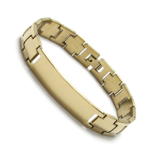 "H" and Cross link bracelet with engravable plate | Wholesale 316L Stainless Steel Jewelry | Gold photo