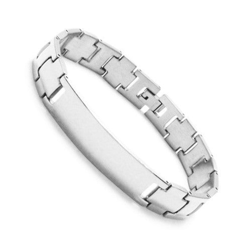 "H" and Cross link bracelet with engravable plate | Wholesale 316L Stainless Steel Jewelry | Steel photo