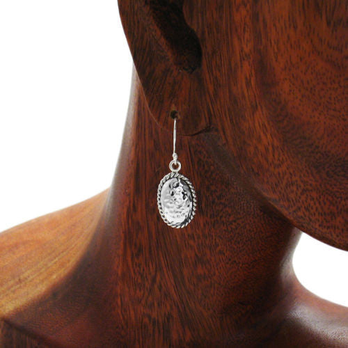 Half-oval hammered finish hanging earrings with beaded border | Wholesale 925 Sterling Silver Jewelry | Alternate photo