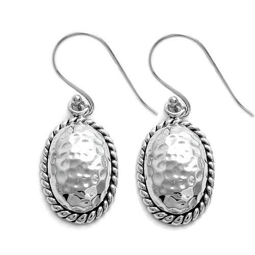 Half-oval hammered finish hanging earrings with beaded border | Wholesale 925 Sterling Silver Jewelry | Item photo