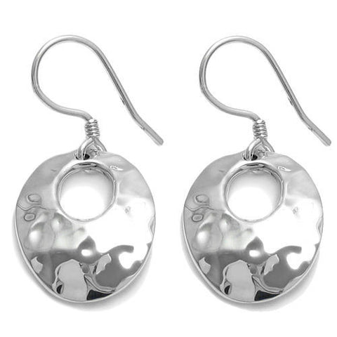 Hammered finish crooked donut hanging hook earrings | Wholesale 925 Sterling Silver Jewelry | Item photo