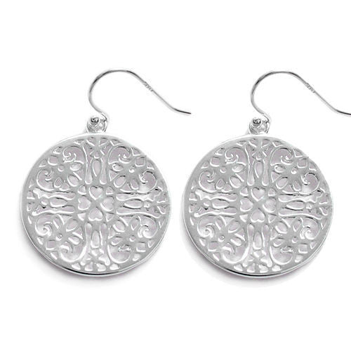 Lovely heart filigree round hanging hook earrings | Wholesale 925 Sterling Silver Jewelry | Item photo