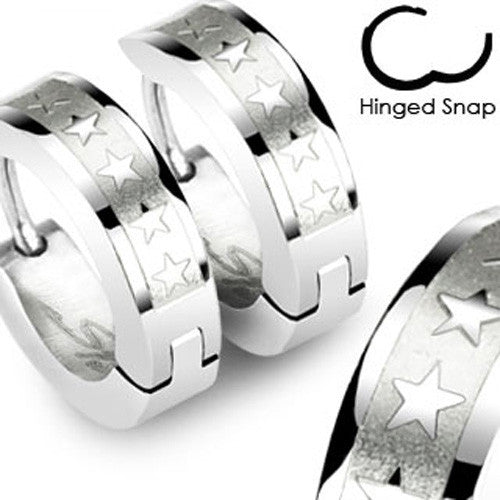 Hinged hoop dual finish huggie earrings with five stars | Wholesale 316L Stainless Steel Jewelry