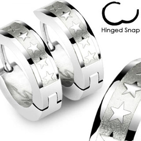 Hinged hoop dual finish huggie earrings with five stars | Wholesale 316L Stainless Steel Jewelry