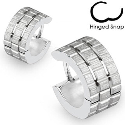Cool hinged hoop huggie earrings with brushed steel chiclets | Wholesale 316L Stainless Steel Jewelry