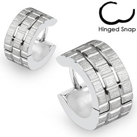 Cool hinged hoop huggie earrings with brushed steel chiclets | Wholesale 316L Stainless Steel Jewelry