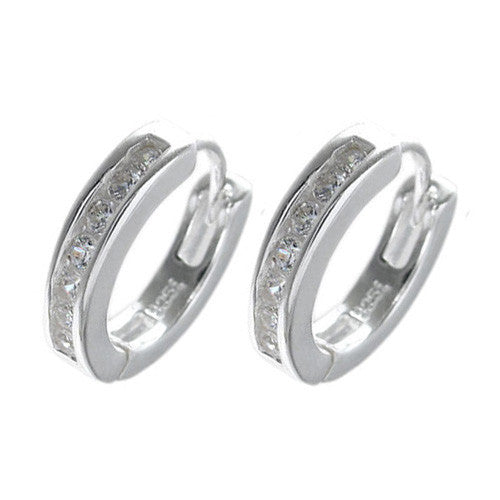 Hinged huggie earrings with 7 front channel set CZs. 14mm | Wholesale 925 Sterling Silver Jewelry | Item 1 photo