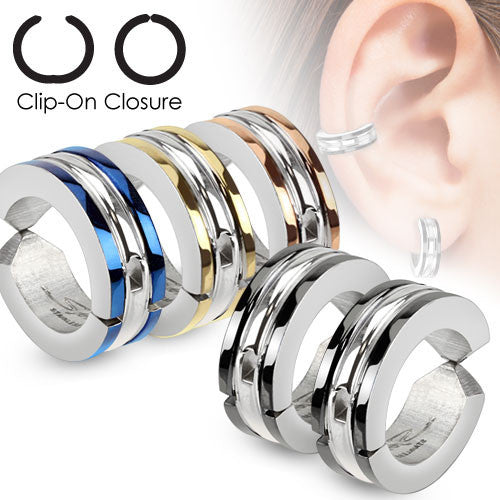Hinged hoop huggie clip-on earrings with twin racing stripes | Wholesale 316L Stainless Steel Jewelry