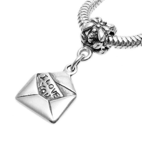 Sweet "I Love You" Envelope, Love Letter Charm with Euro Bead. Wholesale Sterling Silver Charms - Jewelry