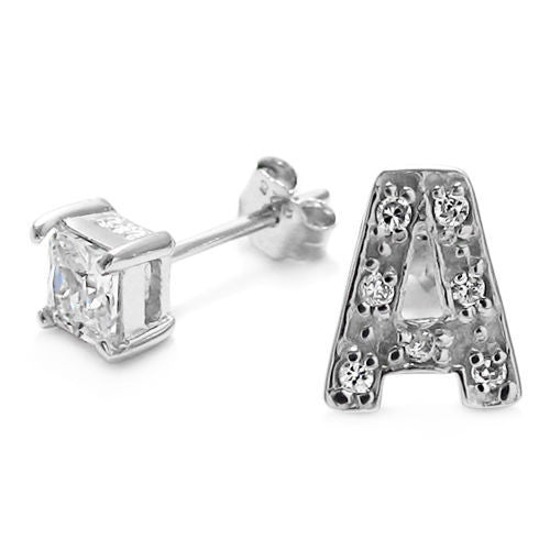 Initial 'A' and 0.40 Carat Princess Cut CZ Earring | Wholesale Sterling Silver Jewelry | Alternate